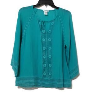 Esley Turquoise Blue Crochet-Panel Cotton Gauzy 3/4 Sleeve Peasant Blouse
